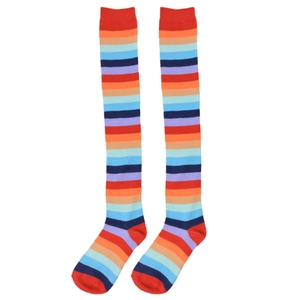 Close-up of vibrant rainbow striped over-the-knee socks for festive costumes