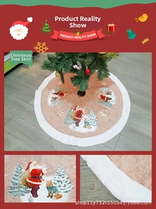 Detailed view of a Christmas tree skirt with plush white trim and Santa Claus illustration