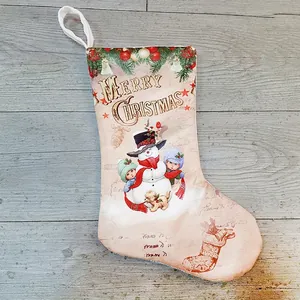 Vintage Merry Christmas decorative stocking with snowman and children illustration