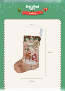 Detailed size chart for Christmas stockings with vintage reindeer and snowman prints