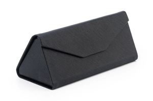 Macro detail of black triangular folding glasses case with Saffiano texture leather