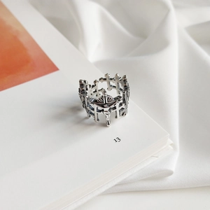 Gothic 925 sterling silver cross crown ring with vintage oxidized finish on book