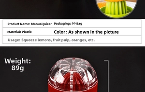 Close-up of lightweight manual fruit juicer weighing 89g for lemons and oranges