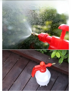 Close-up of adjustable copper nozzle spray effect and white manual pressure sprayer tool