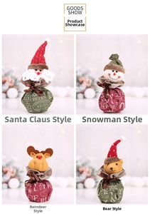 Four 3D Christmas drawstring gift bags featuring Santa, snowman, elk, and bear characters