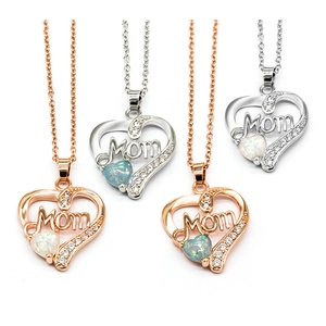 Mother's Day Heart Pendant Necklace For Women Copper Zirconia Artificial Opal Mom Letter Necklace Birthday Jewelry Gift