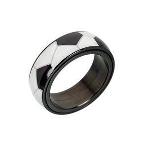 Detail of a rotating stainless steel soccer ring with black and white hexagon patterns