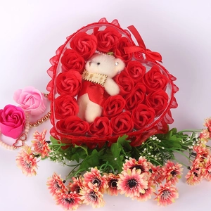 Heart-shaped gift box with 24 red soap roses and a plush bear for Mother's Day