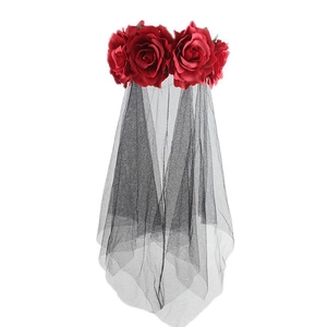 Detail of red rose headband with black mesh veil for Halloween and party costumes