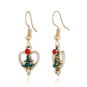 Christmas gold heart earrings with green rhinestone tree on a clean white background