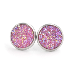 Macro shot of 12mm silver stainless steel stud earrings with pink druzy crystals