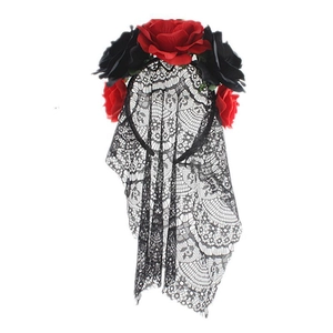 Detailed macro view of artificial roses and intricate black lace veil for Halloween headband