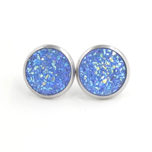 Macro shot of 12mm blue druzy stud earrings with shiny silver stainless steel frames
