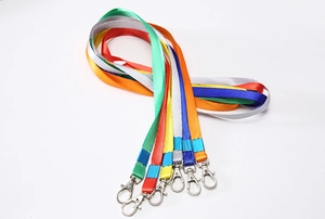 Detail of colorful nylon lanyards with durable metal lobster clasps for ID card holders