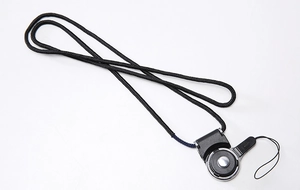 Close-up of black nylon lanyard with detachable lobster clasp for ID cards and badges