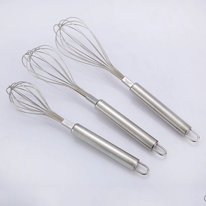 Three-piece stainless steel whisk set for kitchen baking shown on a clean white background