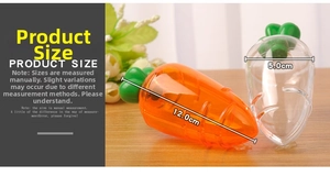 Detailed size guide for carrot-shaped plastic candy containers showing 12cm by 5cm dimensions
