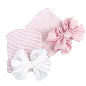 Newborn baby knit hats set with large chiffon bows and soft pink white striped patterns