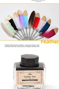 Detailed view of vintage quill pens with engraved metal barrels and ink bottle set