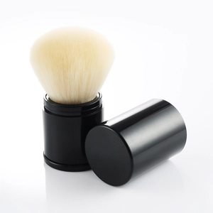 Portable retractable makeup brush with black shell and fluffy powder bristles