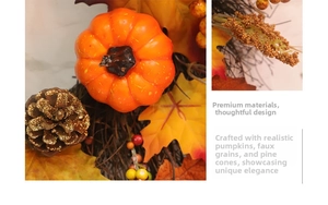 Détail de couronne d'automne avec citrouilles, pommes de pin et feuilles d'érable