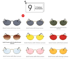Collection of retro small oval metal sunglasses with nine assorted color lenses in a grid