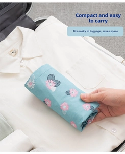 Compact blue daisy print folding wash basin held in hand over luggage for easy travel