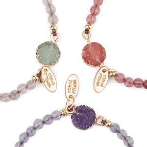 Handmade 4mm pink stone beaded bracelet with gold plated druzy pendant and metal tag