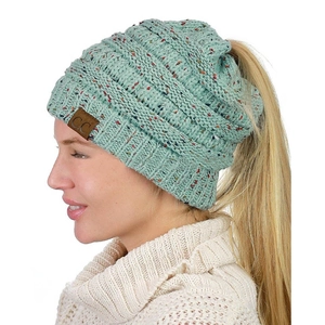 Chunky mint green knit ponytail beanie for women with colorful flecks and C.C logo leather patch