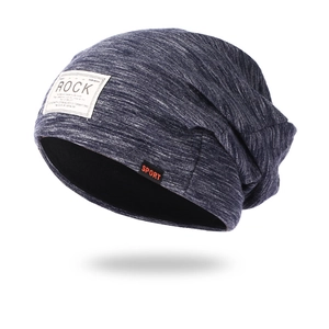 Dual-layer warm knitted beanie in marl grey-blue with ROCK patch and SPORT label