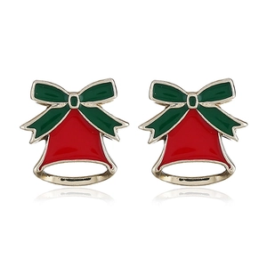 Close-up of Christmas stud earrings with green bow and red enamel bell details