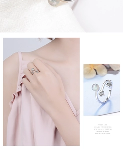 Detailed views of silver open ring with star charms and spherical moonstone elements