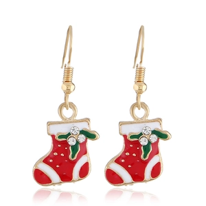 Christmas stocking drop earrings in red enamel with holly leaves and rhinestone accents