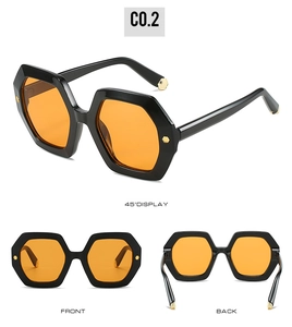 Detailed multi-angle view of black hexagonal sunglasses with golden rivets and amber lenses