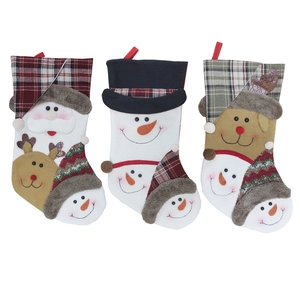 Three festive Christmas stockings with 3D Santa, snowman, and reindeer character designs