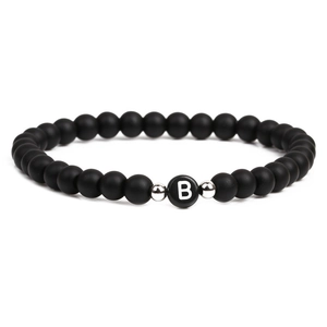 6mm matte black stone bead bracelet with letter B charm and silver spacers for men and women