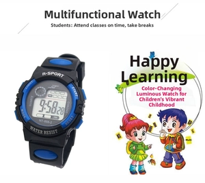 Close-up of a digital kids sport watch featuring a black case and blue accents