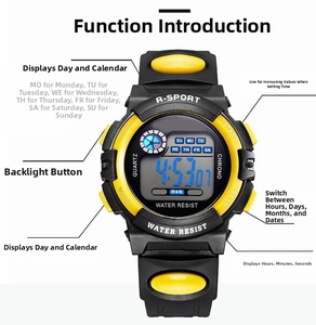 Close-up of R-SPORT digital watch with LED backlight and silicone strap features