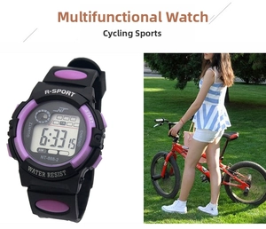 Close-up of black and purple digital sports watch featuring water resistant display