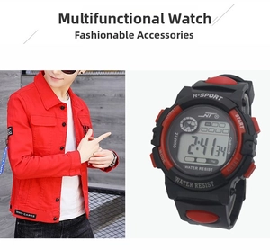Detail view of sport digital watch with red buttons and black resin strap for kids