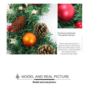 Detailed view of Christmas wreath featuring pine cones, red berries, and wooden stars