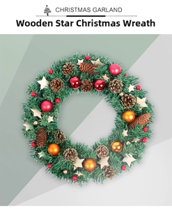 Detail of Christmas wreath with wooden stars, pine cones, and colorful baubles