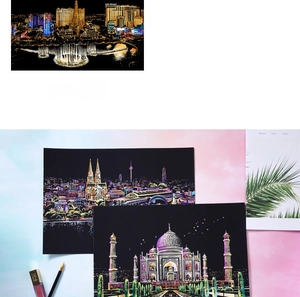 DIY city night view scratch art set with world landmarks like Las Vegas and Taj Mahal