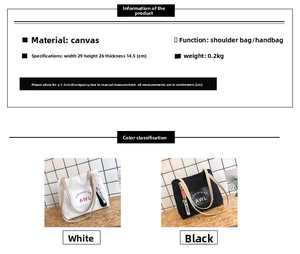 Detailed size specifications for canvas tote bag showing dimensions 29x26x14.5cm