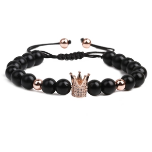 Men's crown beaded bracelet with rose gold micro-pave zircon and black matte stones
