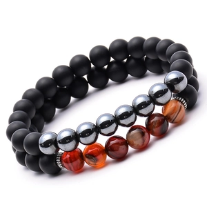 Bracciale Elastico In Pietra Naturale Roccia Lavica Agata Opaca Perline Di Legno Ematite Uomo Donna Coppia Energia
