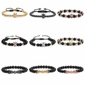 Detailed grid view of assorted beaded bracelets with crown charms and adjustable cords