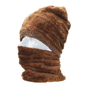 Detailed view of the thick fleece lining on the brown knitted winter beanie and neck warmer
