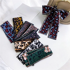 Leopard Print Floral Narrow Scarf Satin Like Satin Twilly For Handbag Hair Neck Accessory Elegant Double Sided Ribbon For Women