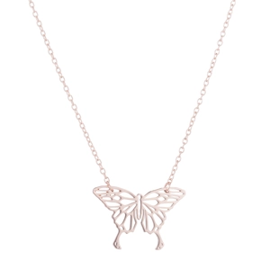 Polished rose gold stainless steel butterfly pendant necklace on white background